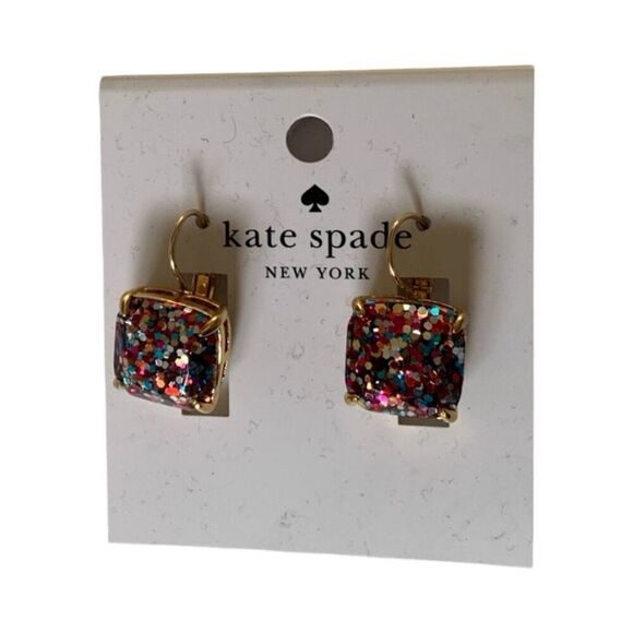 Kate Spade Confetti Glitter Earrings Gold Plate Lever Back 14K Plated 1/2” Squar - Picture 1 of 3